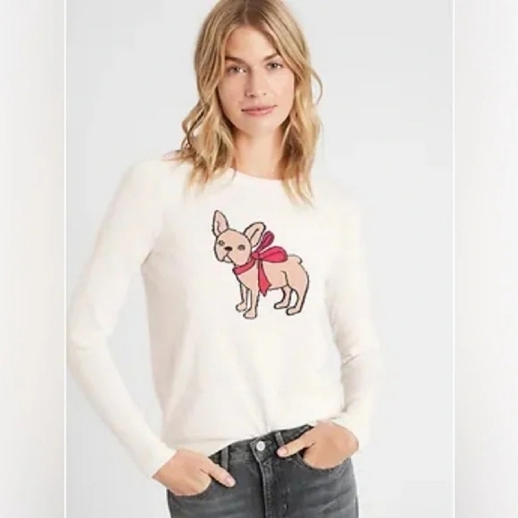 NWT Banana Republic Frenchie Intarsia Sweater Sz XS Cream Lightweight Puppy Dog - Picture 14 of 15